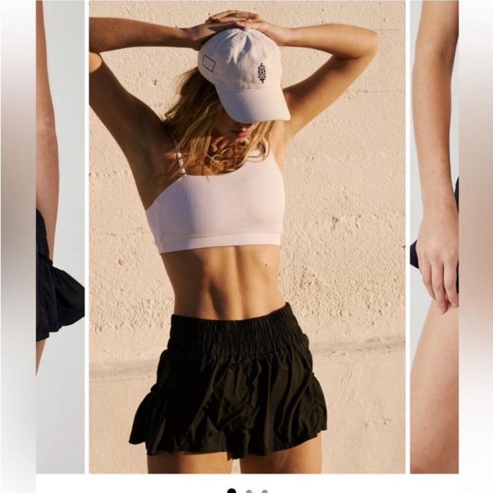 Free People White Sports Bra and Black Ruffle Shorts